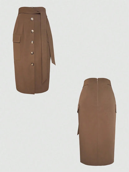 Button Detail Belted Cargo Skirt - adritiX