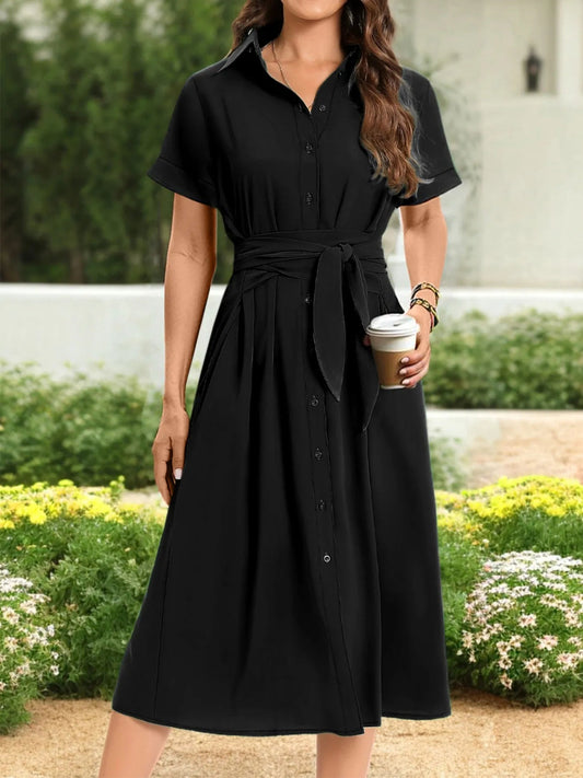 Button Down Belted Midi Shirt Dress - adritiX