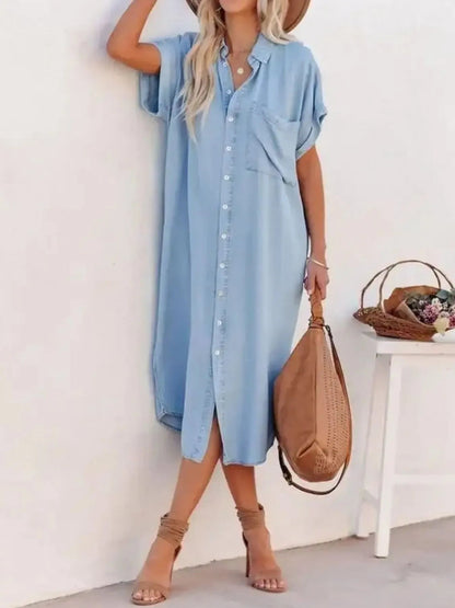 Button Down Denim Midi Shirt Dress - adritiX