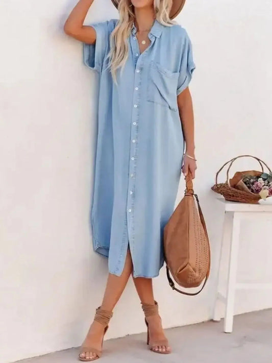 Button Down Denim Midi Shirt Dress - adritiX