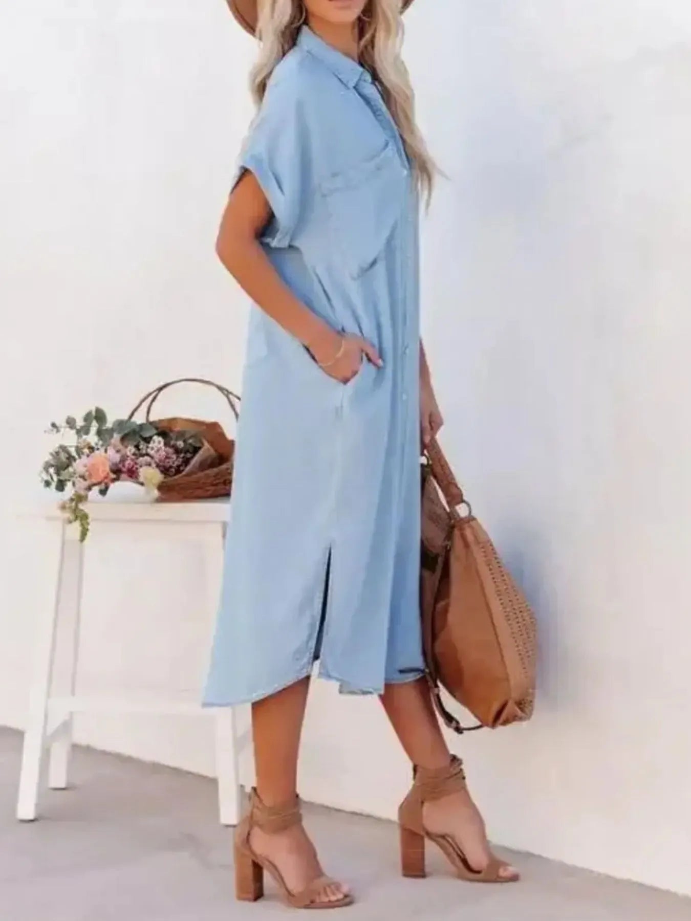 Button Down Denim Midi Shirt Dress - adritiX