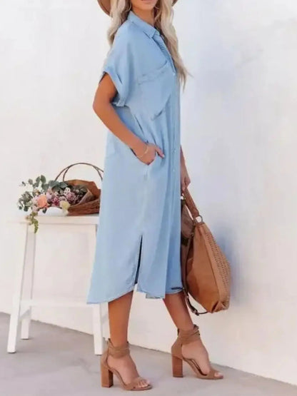 Button Down Denim Midi Shirt Dress - adritiX