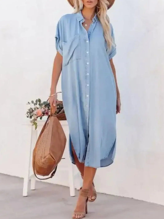 Button Down Denim Midi Shirt Dress - adritiX
