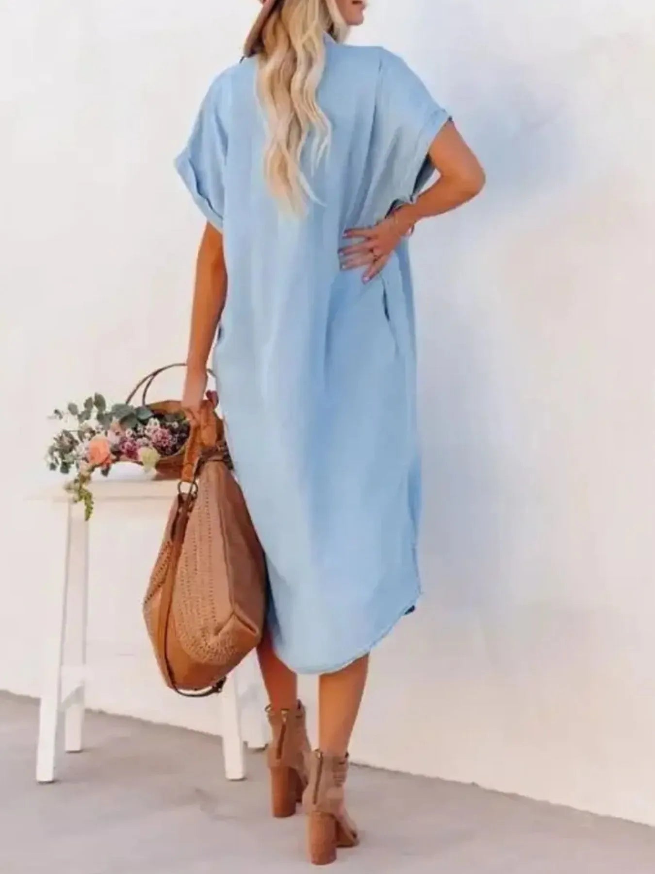 Button Down Denim Midi Shirt Dress - adritiX