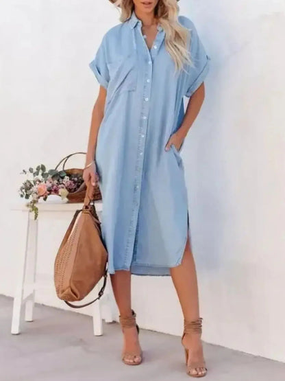 Button Down Denim Midi Shirt Dress - adritiX