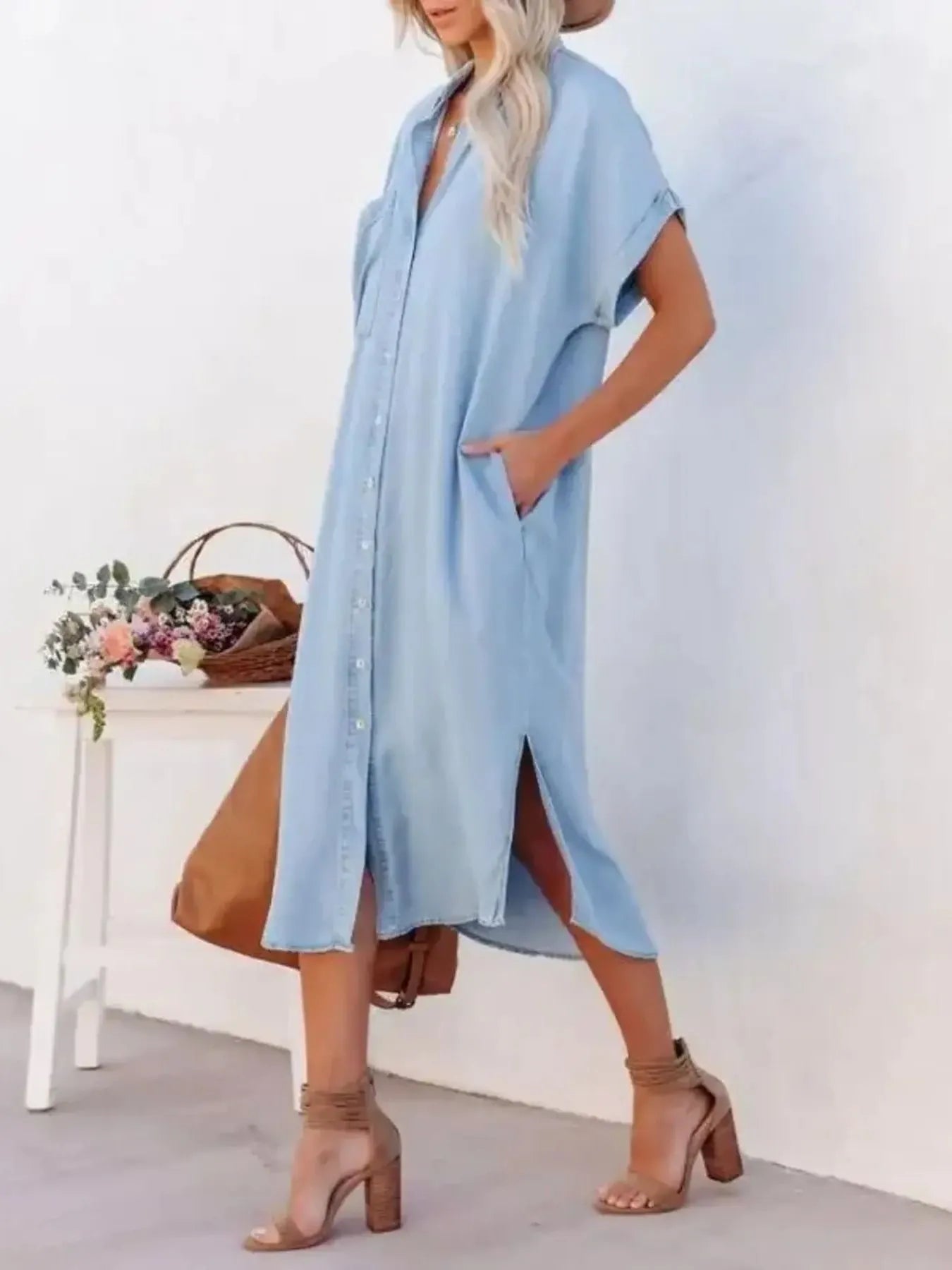 Button Down Denim Midi Shirt Dress - adritiX