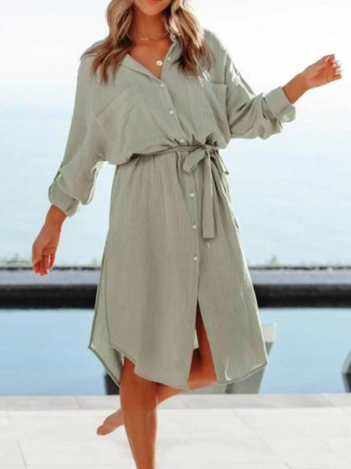 Button Down Tie Waist Shirt Dress - adritiX