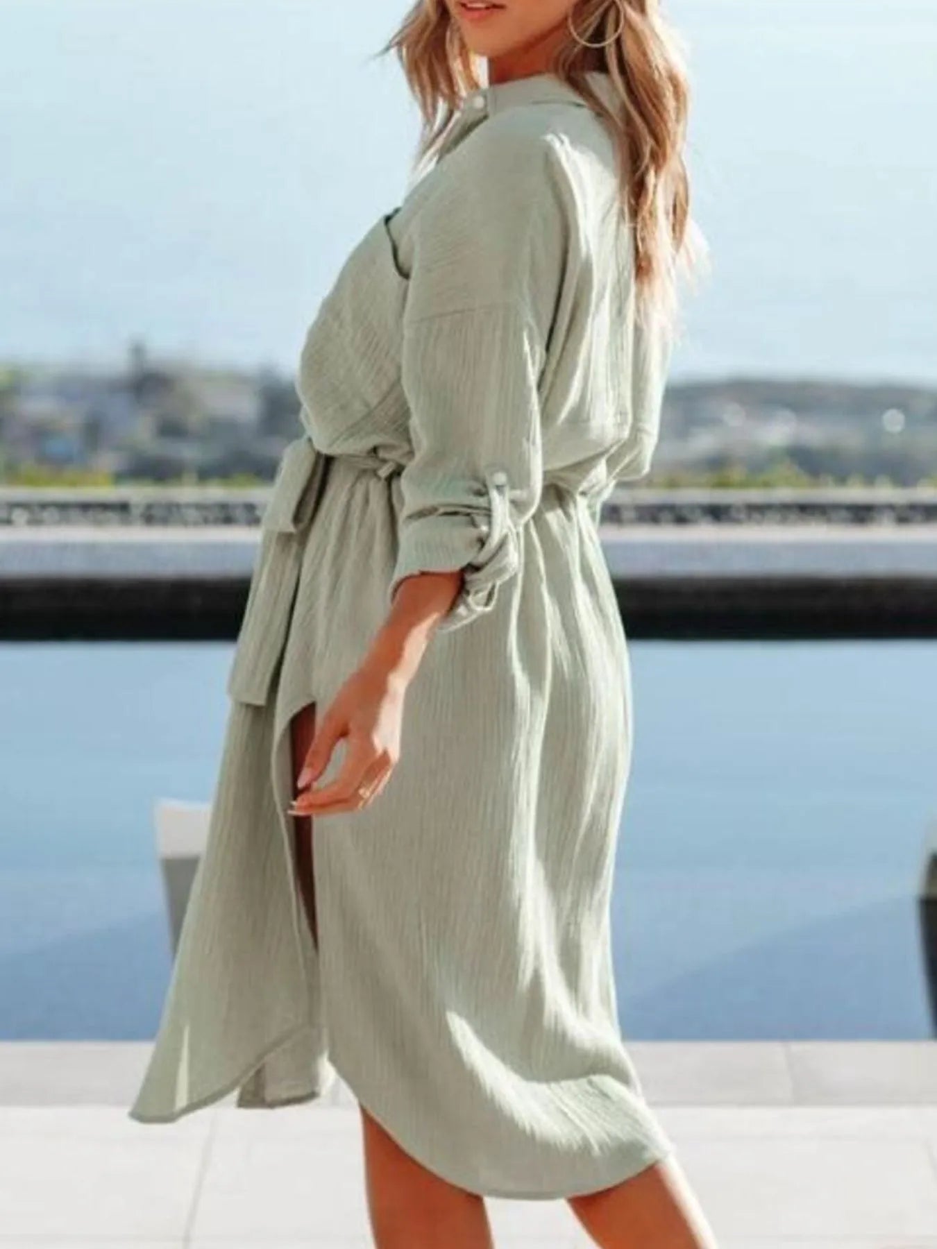 Button Down Tie Waist Shirt Dress - adritiX