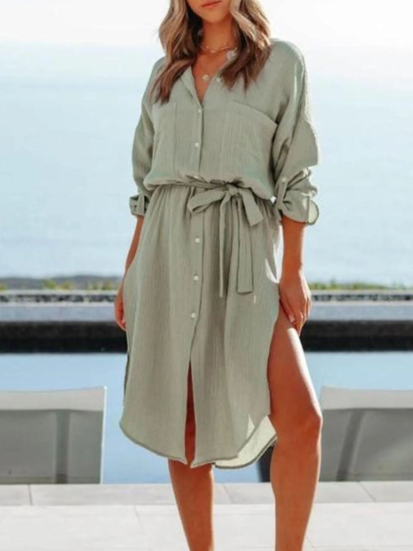 Button Down Tie Waist Shirt Dress - adritiX