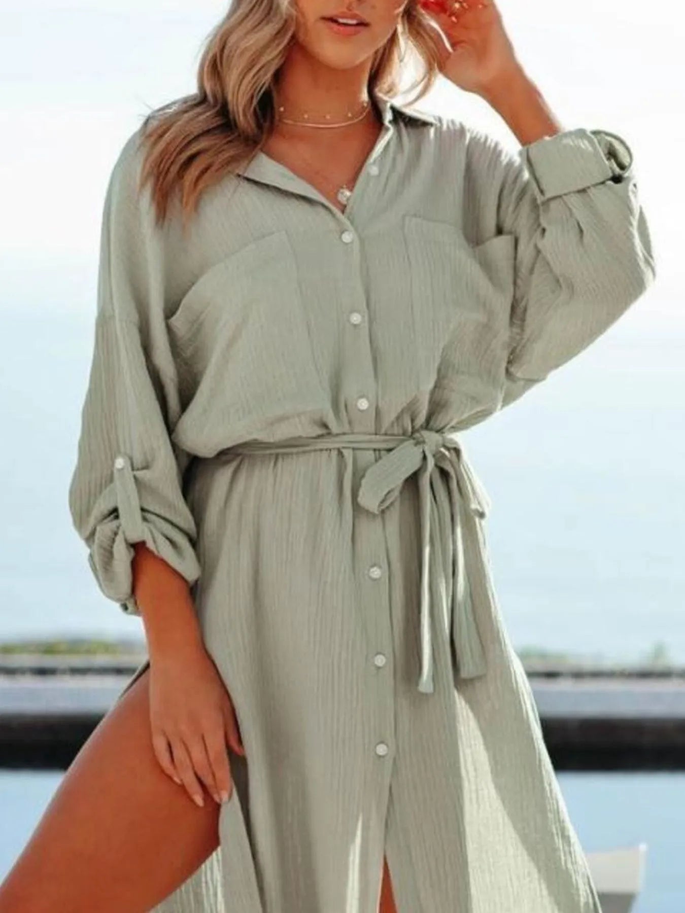 Button Down Tie Waist Shirt Dress - adritiX