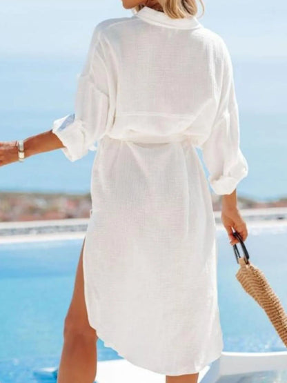Button Down Tie Waist Shirt Dress - adritiX