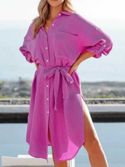 Button Down Tie Waist Shirt Dress - adritiX