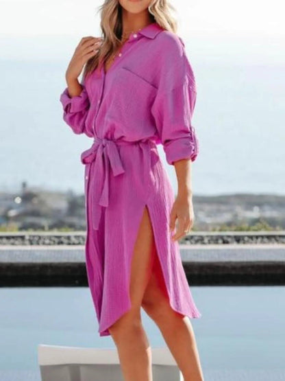 Button Down Tie Waist Shirt Dress - adritiX