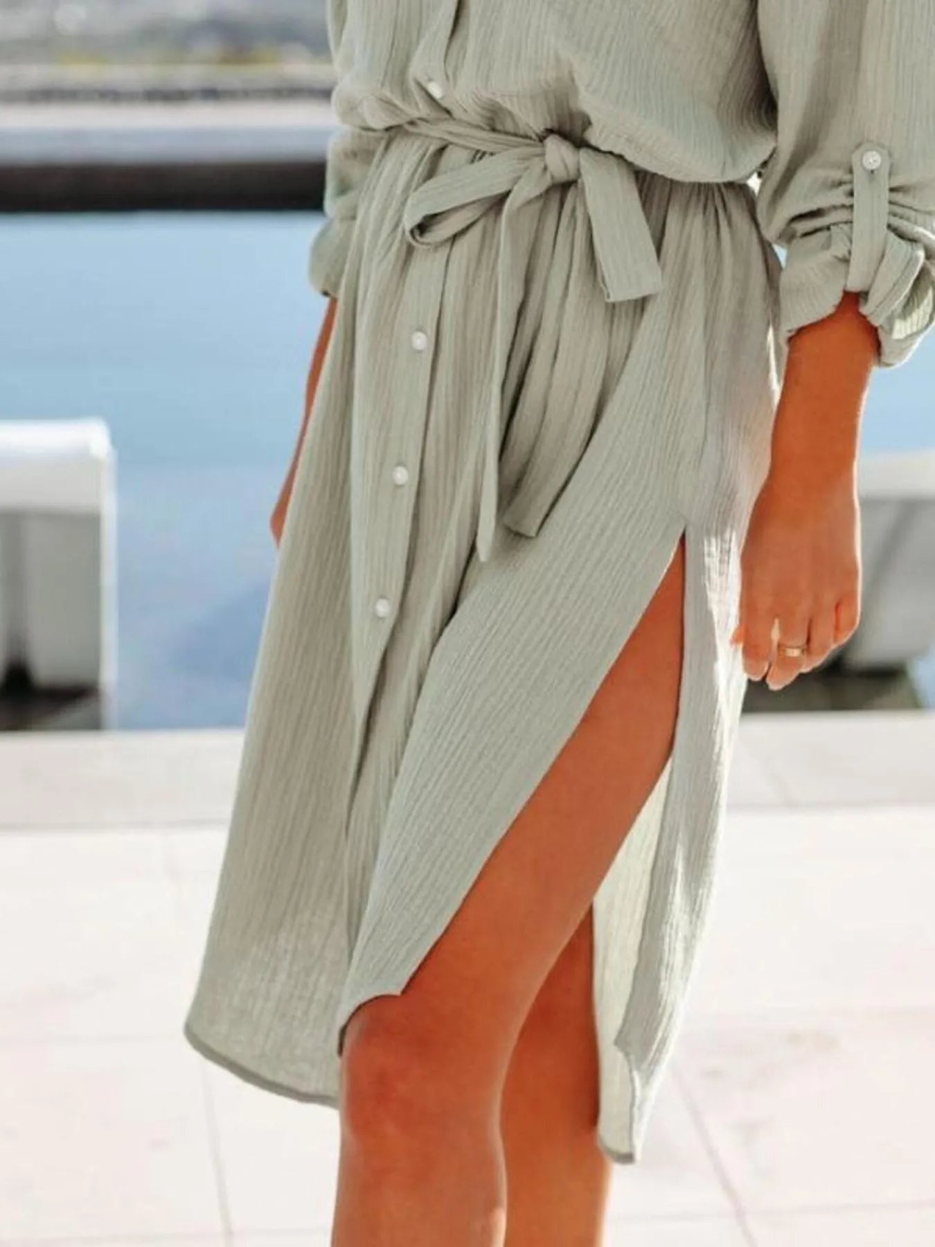Button Down Tie Waist Shirt Dress - adritiX