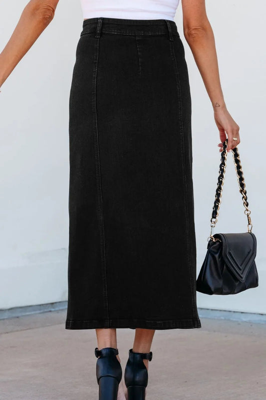 Button Fly Side Split Denim Midi Skirt - adritiX