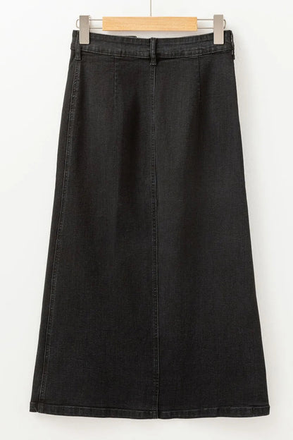 Button Fly Side Split Denim Midi Skirt - adritiX