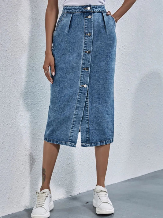 Buttoned Denim Skirt with Pockets - adritiX