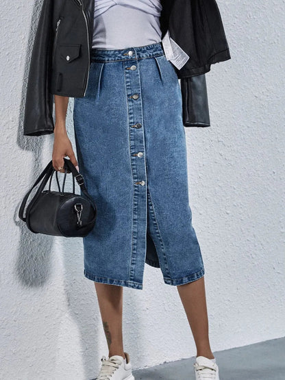 Buttoned Denim Skirt with Pockets - adritiX