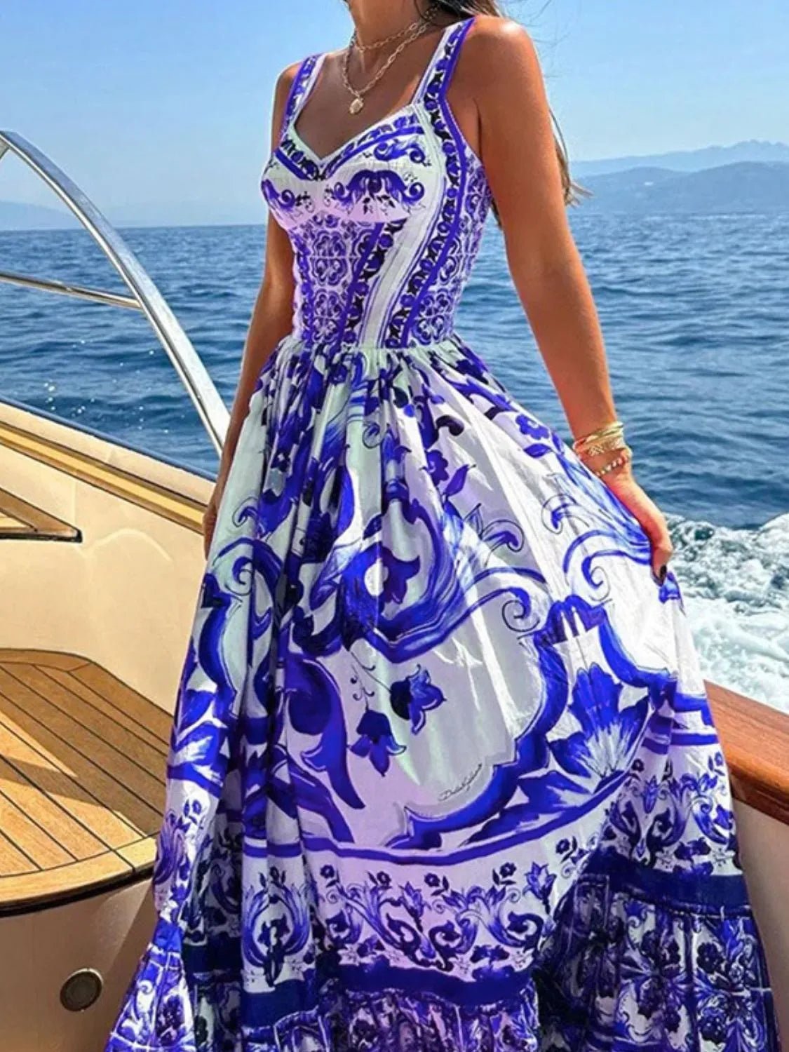 Smocked Printed Wide Strap Dress - adritiX