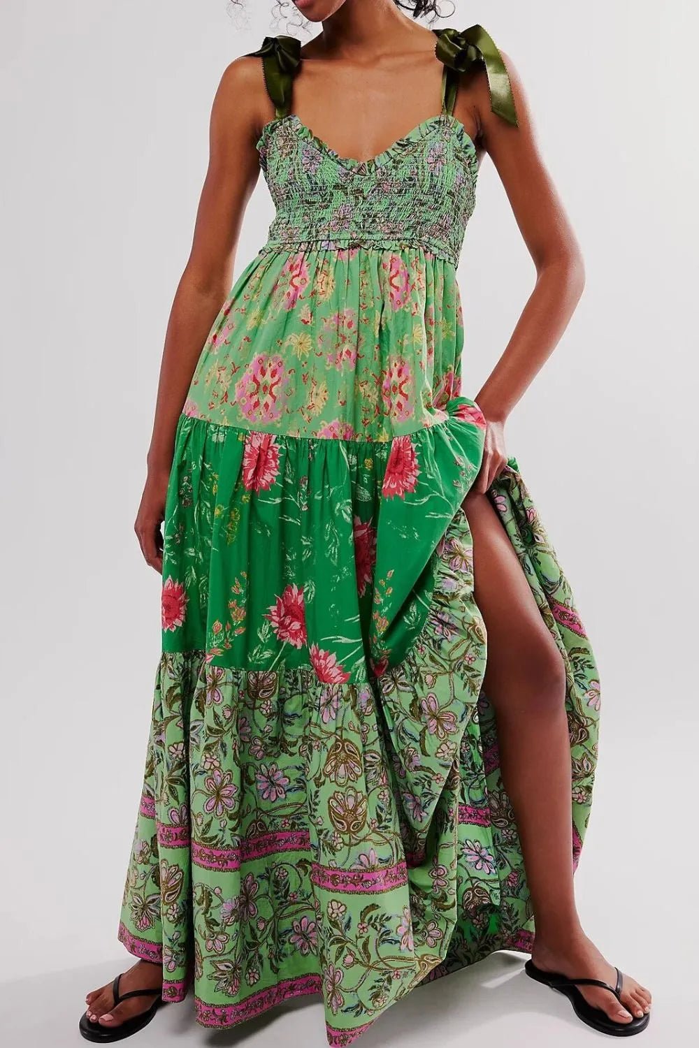 Floral Tiered Maxi Dress with Mixed Print Design - adritiX