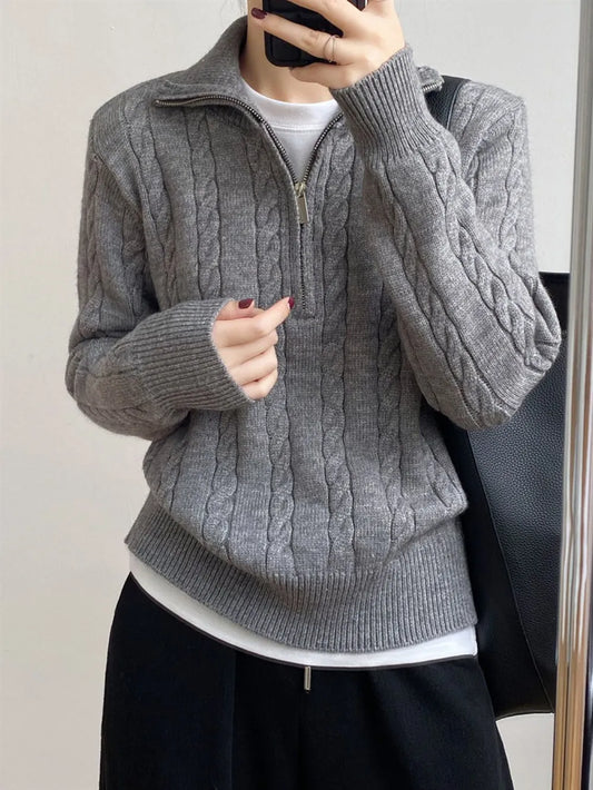 Cable-Knit Half Zip Long Sleeve Sweater - adritiX