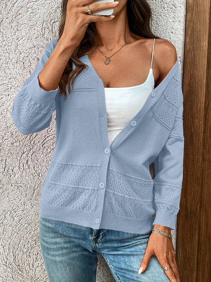 Textured Button-Front Cardigan with 3/4 Sleeves - adritiX