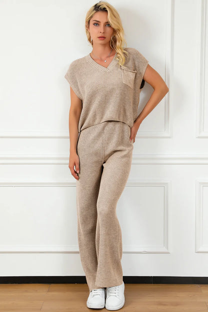 Pocketed V-Neck Top and Wide Leg Sweater Set - adritiX
