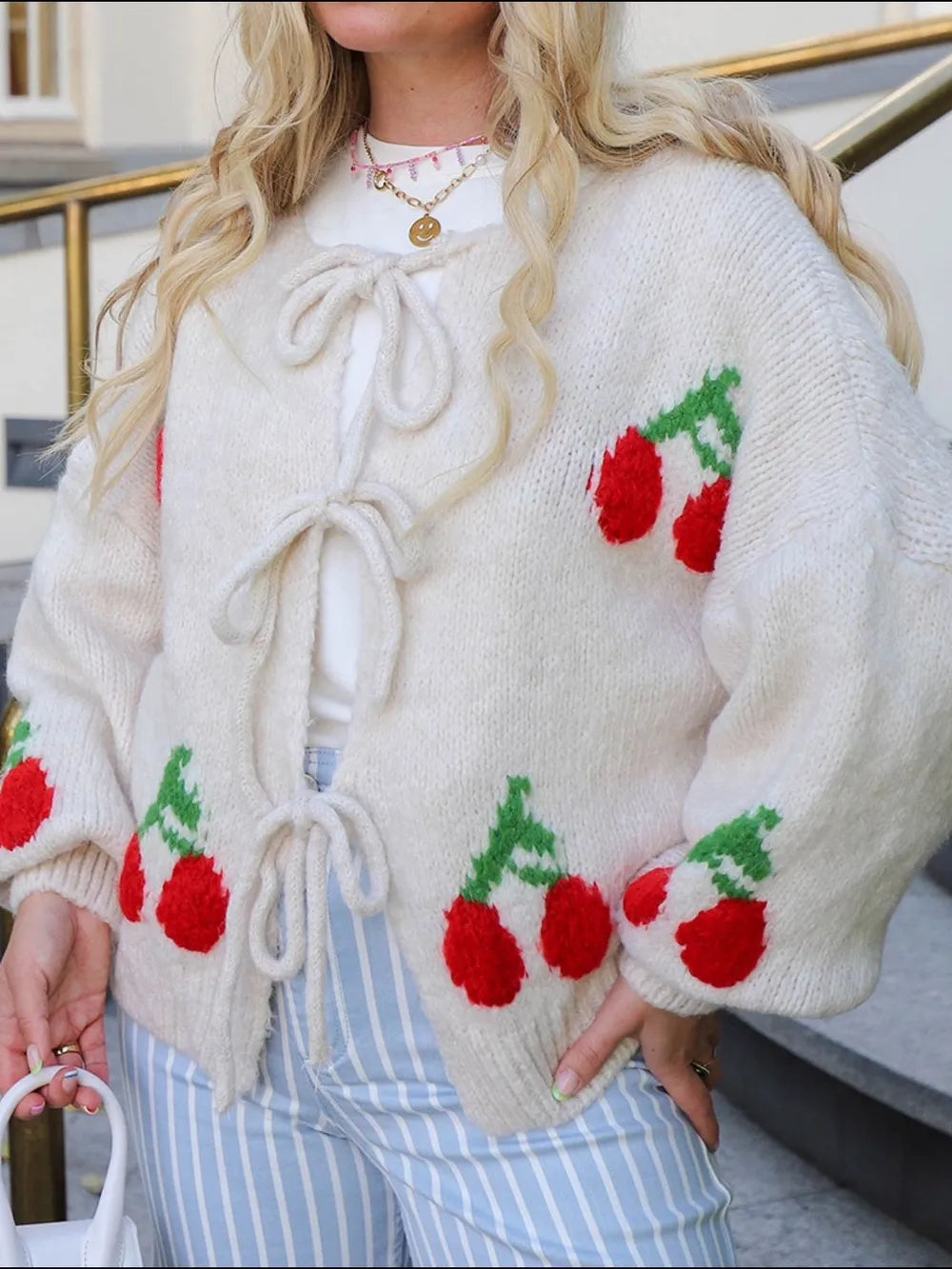 Tied Cherry Round Neck Long Sleeve Cardigan - adritiX