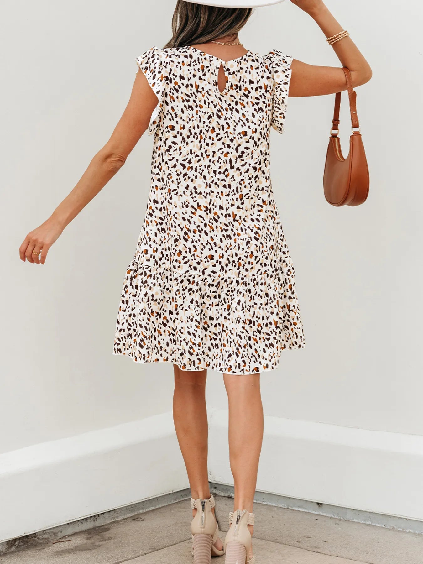 Leopard Ruffled Flutter Sleeve Keyhole Back Mini Dress - adritiX