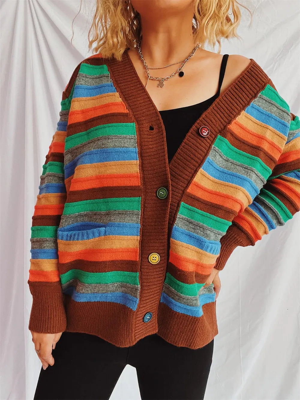 Contrast Stripes Button Up Long Sleeve Cardigan - adritiX
