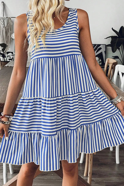 Striped Round Neck Sleeveless Mini Dress - adritiX