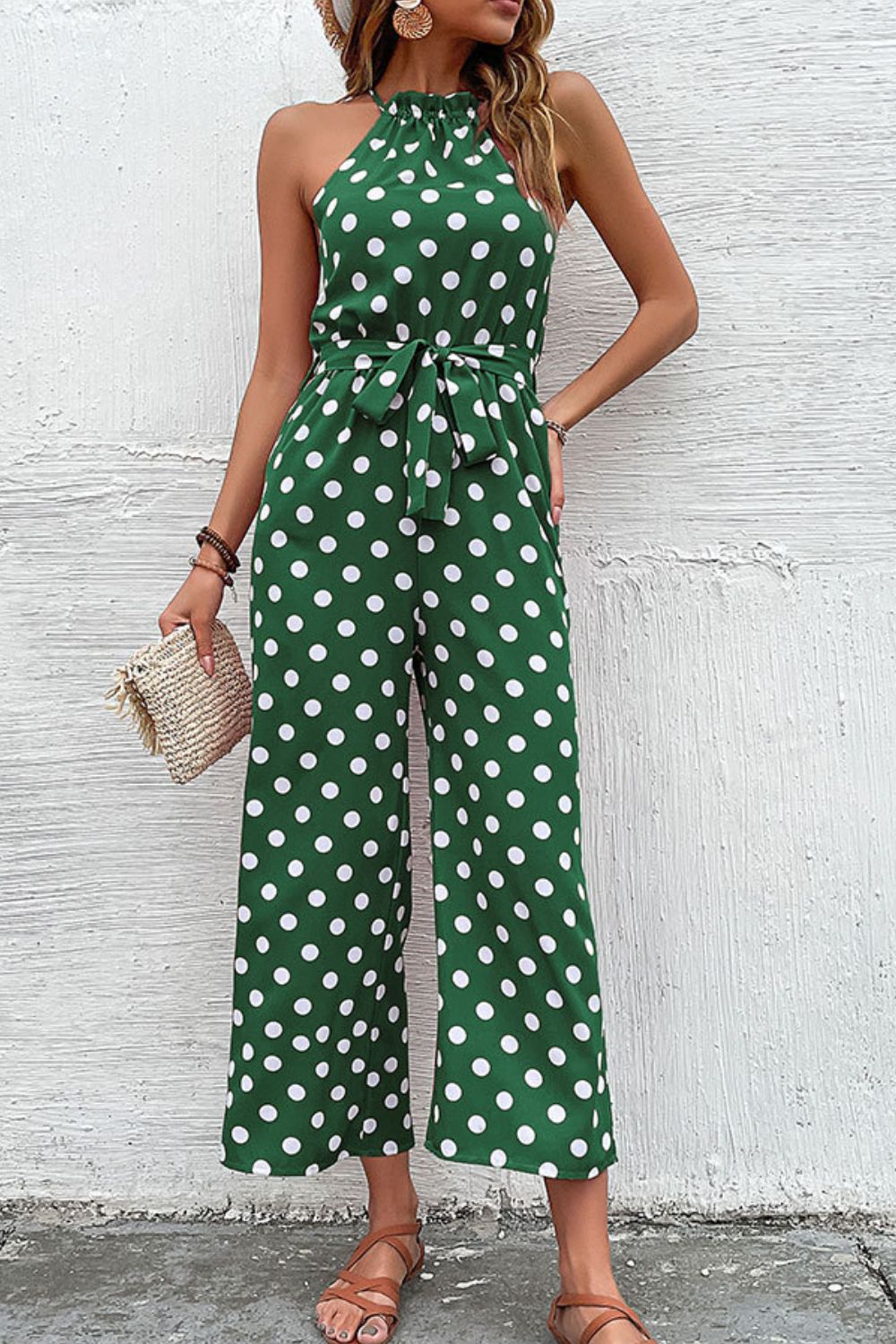 Elegant Perfee Polka Dot Grecian Wide Leg Jumpsuit - adritiX