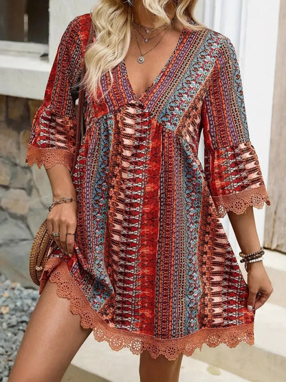 Elegant Lace Trim Printed V-Neck 3/4 Sleeve Dress - adritiX