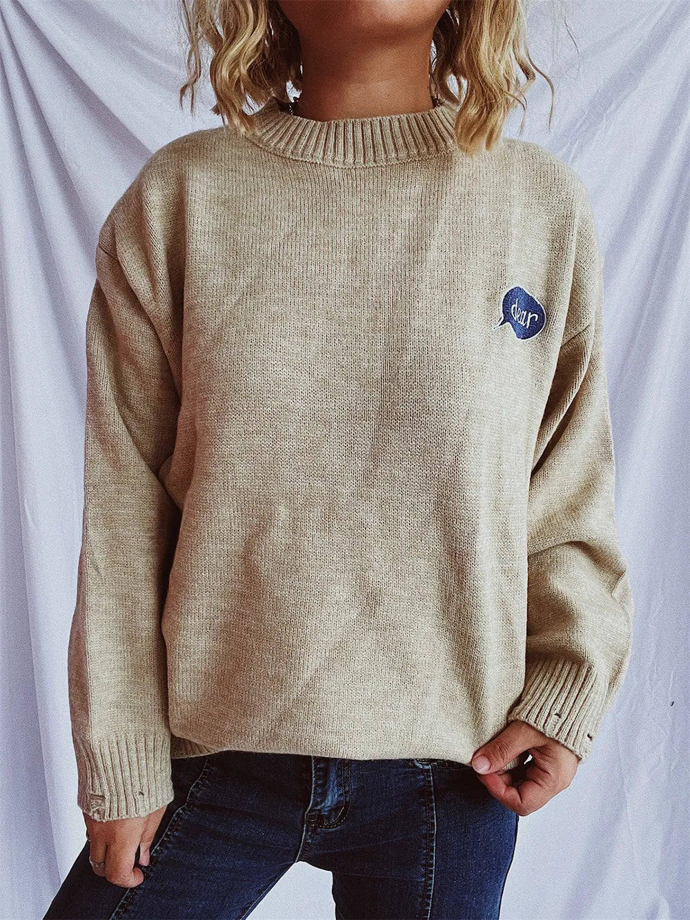 Embroidered Round Neck Dropped Shoulder Sweater - adritiX