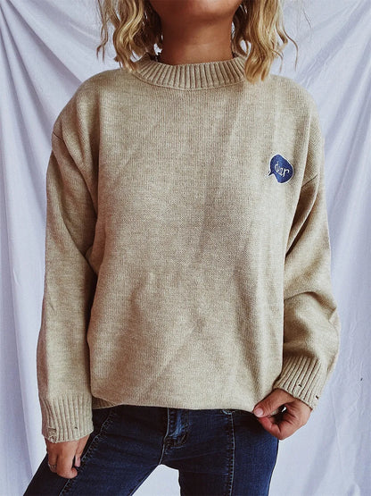 Embroidered Round Neck Dropped Shoulder Sweater - adritiX