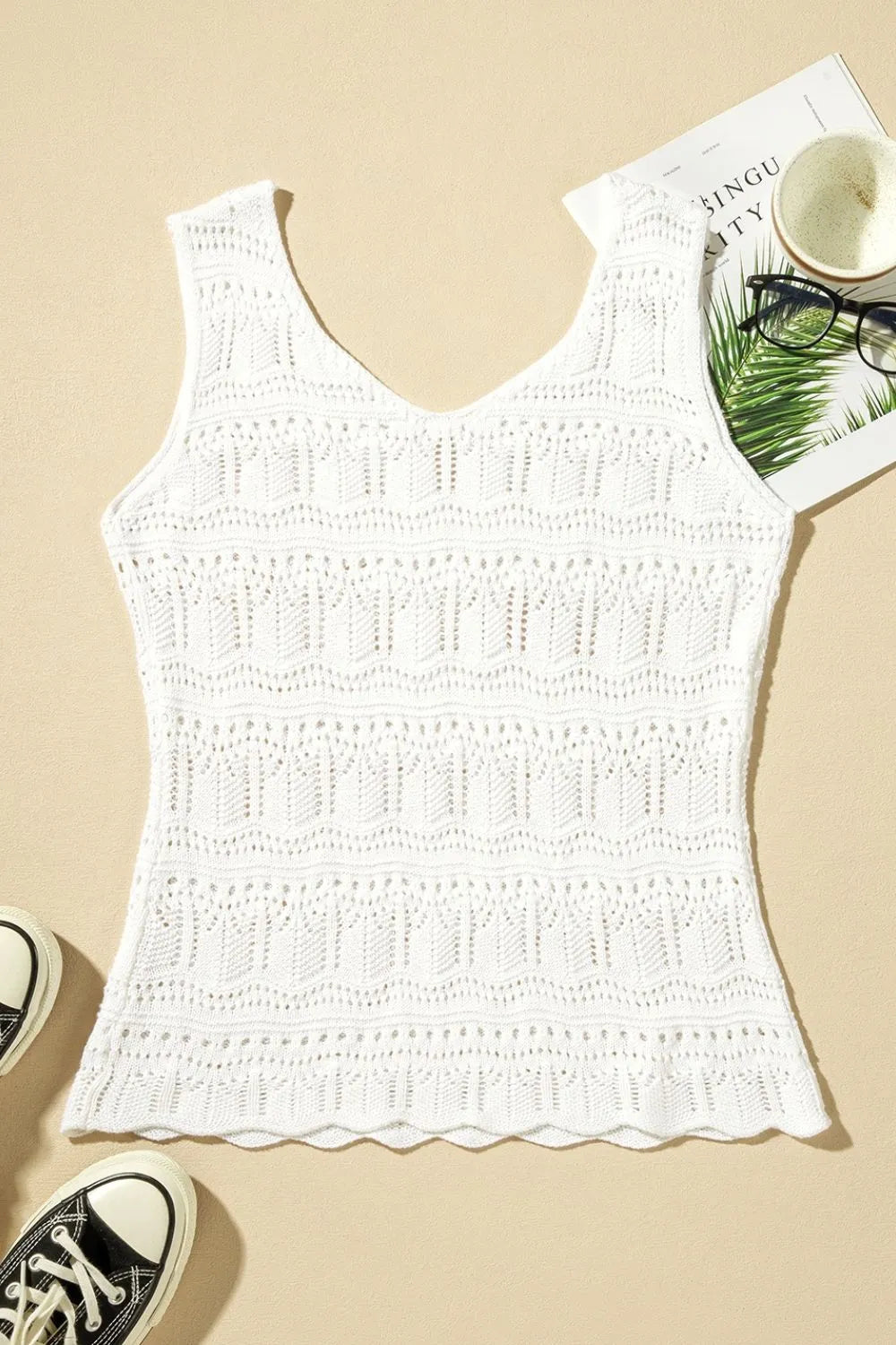 V Neck Textured Hollow-Out Sweater Vest - adritiX