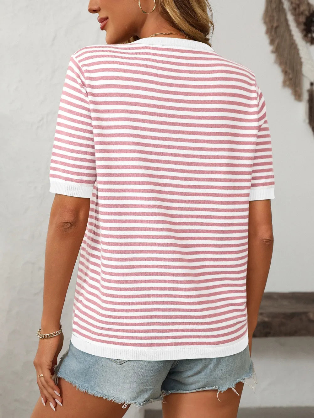 Mandy Striped Round Neck Half Sleeve Knit Top - adritiX