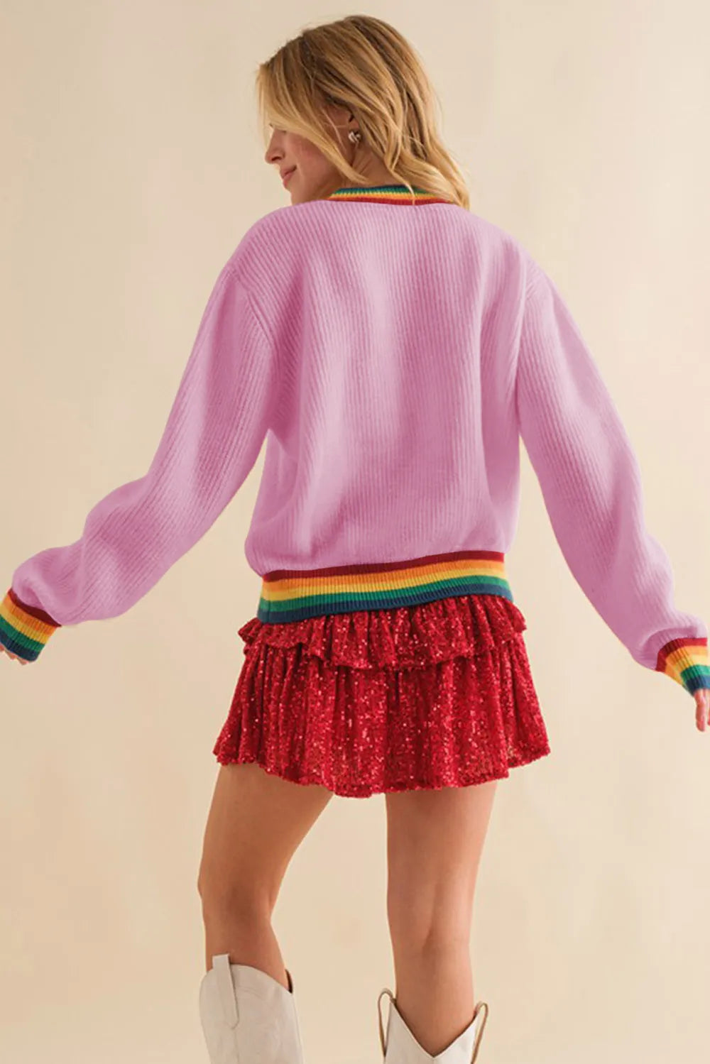Elegant MERRY & BRIGHT Ribbed Round Neck Sweater - adritiX