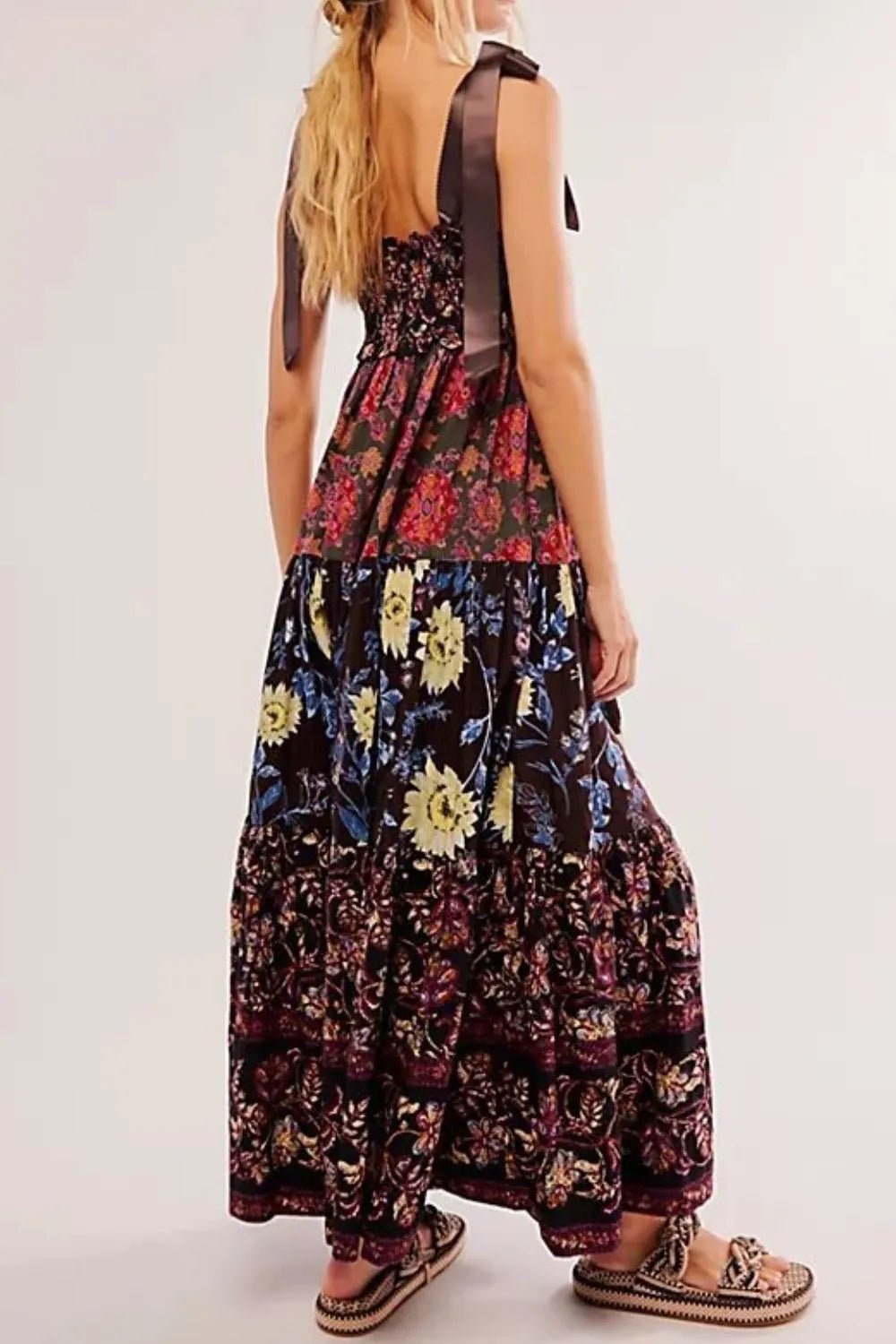 Floral Tiered Maxi Dress with Mixed Print Design - adritiX