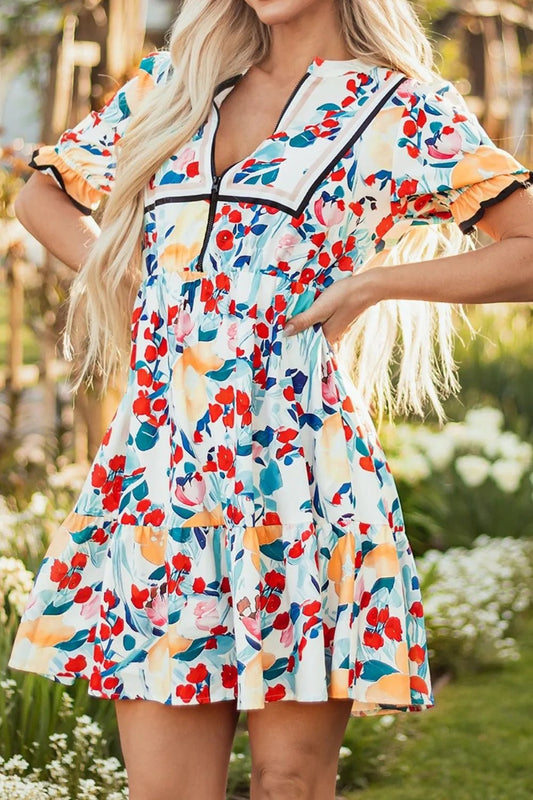 Floral Print Zipper Ruffled Short Sleeve High Waist Mini Dress - adritiX