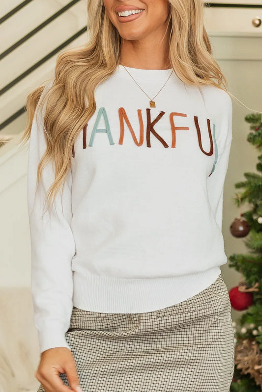 THANKFUL Round Neck Long Sleeve Knit Top - adritiX