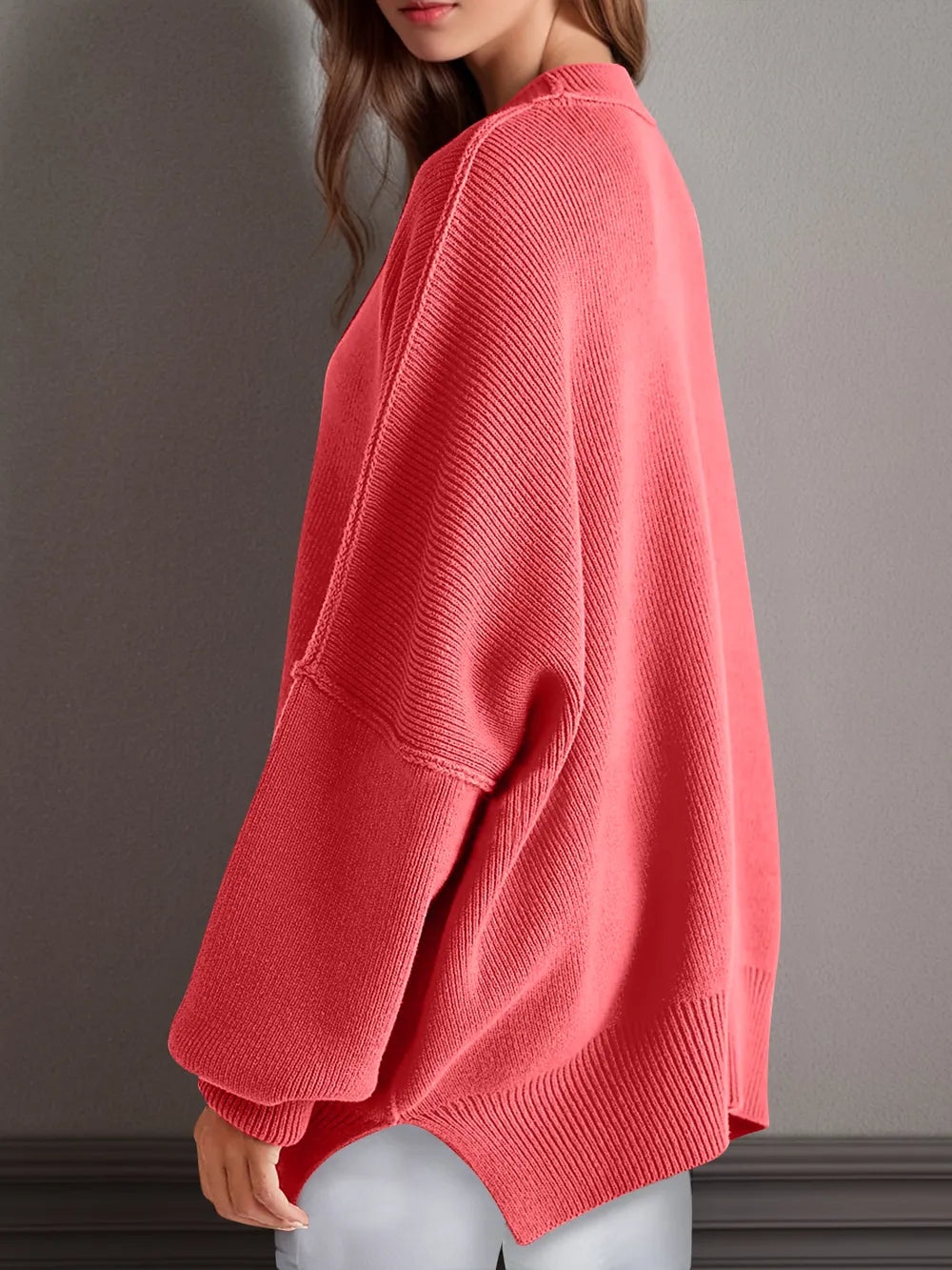 Double Take Side Slit Round Neck Long Sleeve Sweater - adritiX