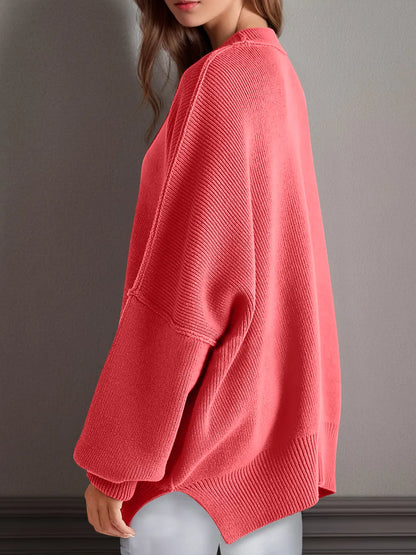 Double Take Side Slit Round Neck Long Sleeve Sweater - adritiX