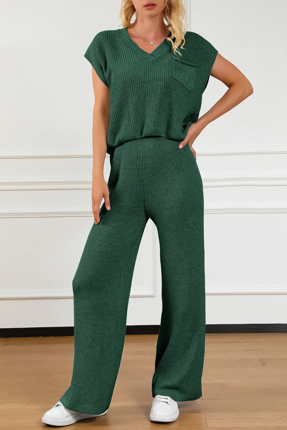 Pocketed V-Neck Top and Wide Leg Sweater Set - adritiX