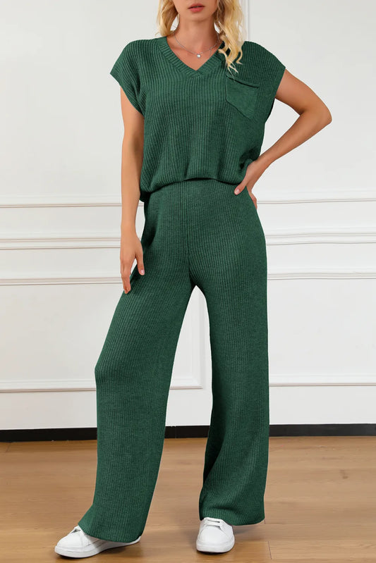 Pocketed V-Neck Top and Wide Leg Sweater Set - adritiX