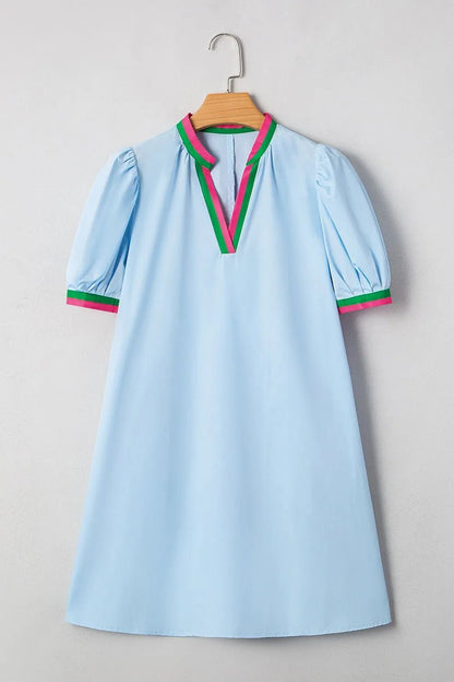 Notched Puff Sleeve Swing Dress - adritiX