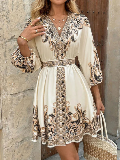 Paisley V-Neck 3/4 Sleeve Mini Dress - adritiX