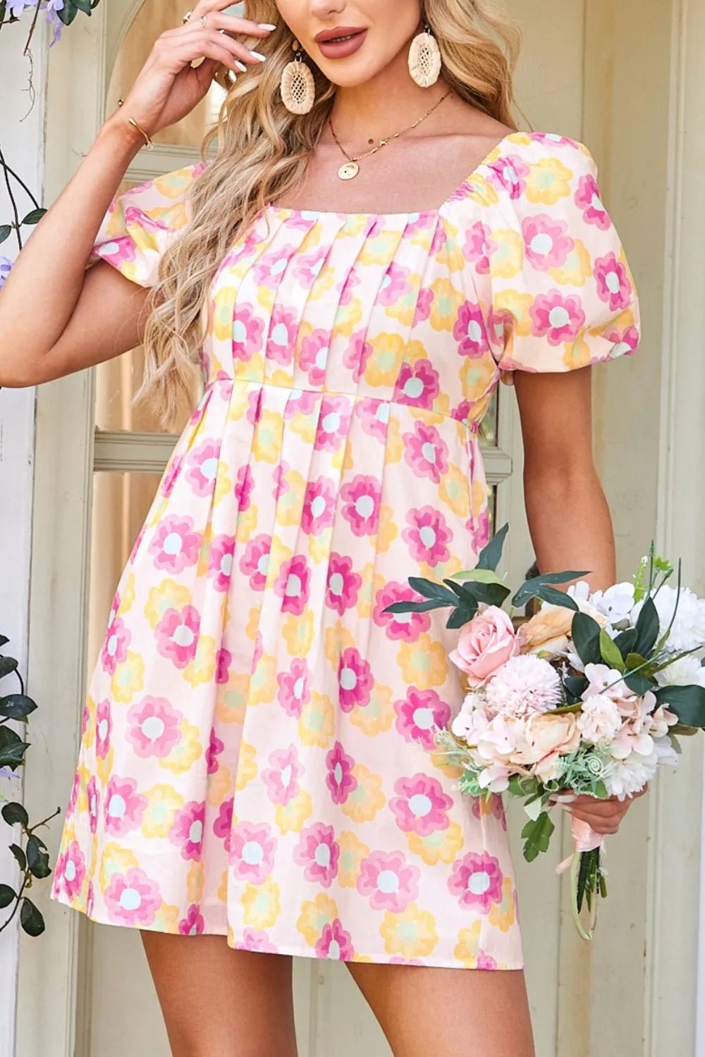 Floral Square Neck Puff Sleeve Pleated Flared Midi Dress - adritiX