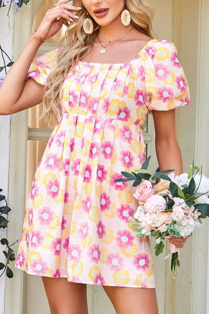 Floral Square Neck Puff Sleeve Pleated Flared Midi Dress - adritiX