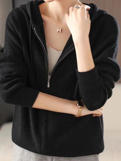 Drawstring Zip Up Long Sleeve Hooded Sweater - adritiX